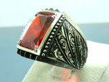 Turkish Handmade Jewelry 925 Sterling Silver Garnet Stone Engraved Mens Rings