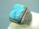 Turkish Handmade Jewelry 925 Sterling Silver Turquoise Stone Engraved Mens Rings