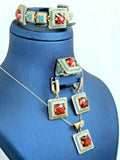 Turkish Handmade Jewelry 925 Sterling Silver Ruby Stone Women's Necklace, Earring, Bracelet & Ring Jewelry Set