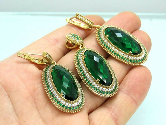 Turkish Handmade Jewelry 925 Sterling Silver Emerald Stone Women's Earring & Pendant Jewelry Set