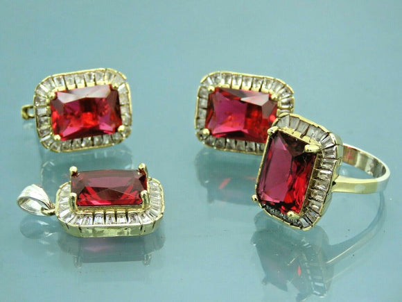 Turkish Handmade Jewelry 925 Sterling Silver Ruby Stone Women's Earrings, Pendant & Ring Jewelry Set