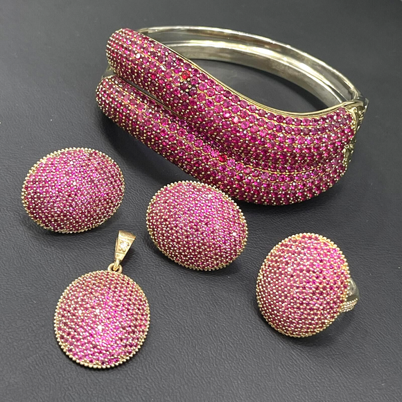 Turkish Handmade Jewelry 925 Sterling Silver Ruby Women's Earrings, Pendant & Ring Jewelry Set