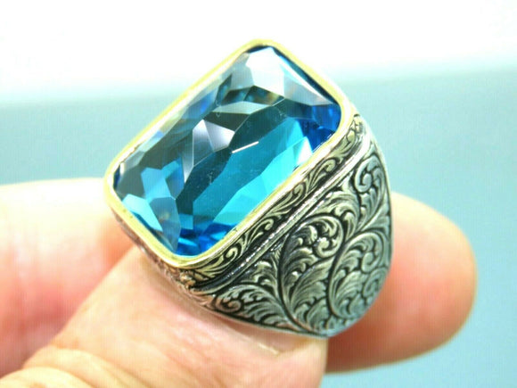 Turkish Handmade Jewelry 925 Sterling Silver Aquamarine Stone Engraved Mens Rings