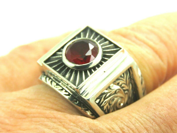 Turkish Handmade Jewelry 925 Sterling Silver Ruby Stone Engraved Men's Ring