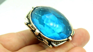 Turkish Handmade Jewelry 925 Sterling Silver Aquamarine Stone Engraved Mens Rings