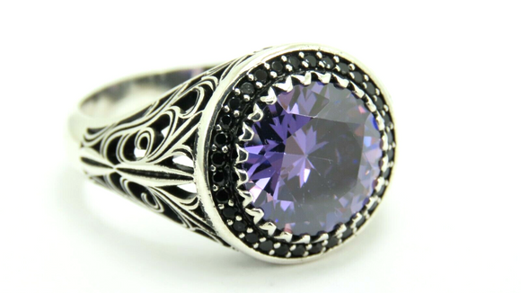 Turkish Handmade Jewelry 925 Sterling Silver Amethyst Stone Antique Mens Rings