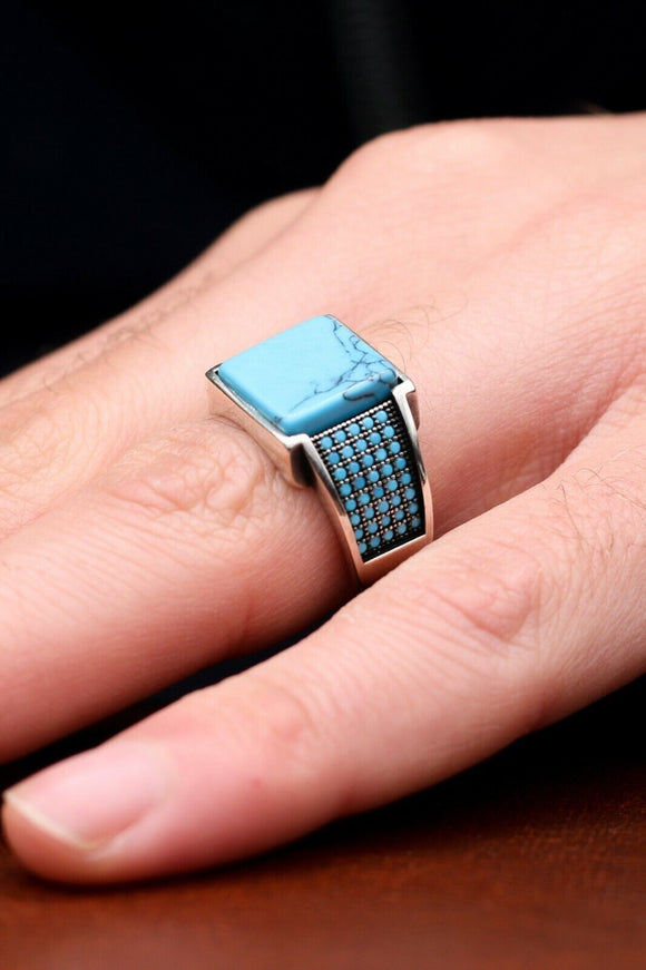 Sterling 925 Silver Handmade Men's Jewelry Elegant Blue Turquoise Men's Ring