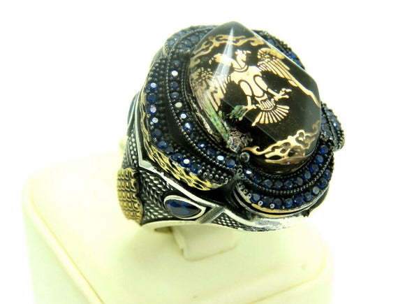 Turkish Handmade Jewelry 925 Sterling Silver Sapphire Stone Imperial Design Mens Rings