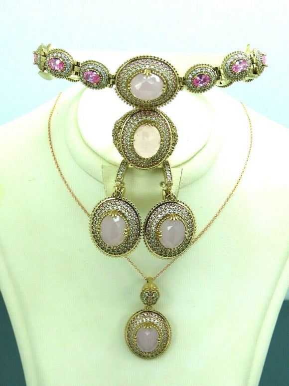 Turkish Handmade Jewelry 925 Sterling Silver Chalcedony Stone Women's Necklace, Earrings & Ring Jewelry Set