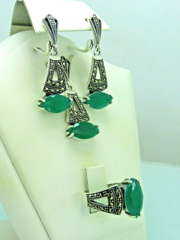 Turkish Handmade Jewelry 925 Sterling Silver Emerald Stone Women's Earrings, Pendant & Ring Jewelry Set