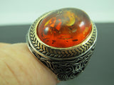 Turkish Handmade Jewelry 925 Sterling Silver Amber Stone Mens Rings