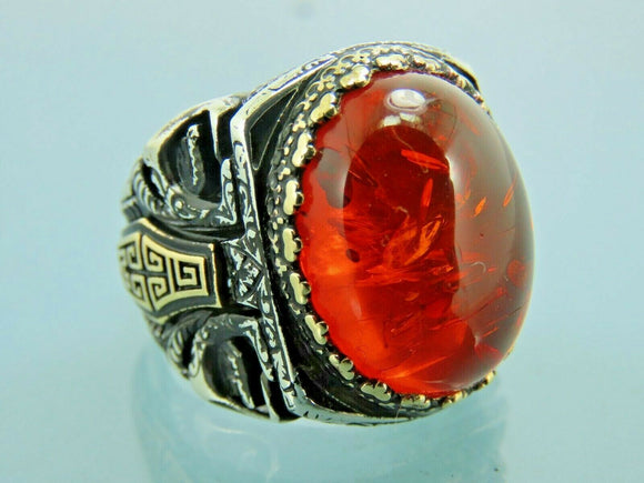 Turkish Handmade Jewelry 925 Sterling Silver Amber Stone Byzantium Mens Rings