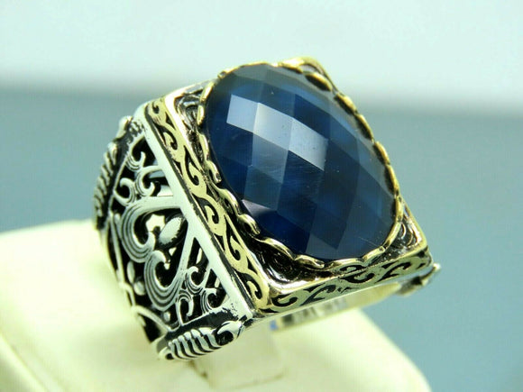 Turkish Handmade Jewelry 925 Sterling Silver Sapphire Stone Mens Rings