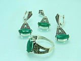 Turkish Handmade Jewelry 925 Sterling Silver Emerald Stone Women's Earrings, Pendant & Ring Jewelry Set