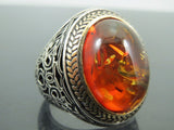 Turkish Handmade Jewelry 925 Sterling Silver Amber Stone Mens Rings