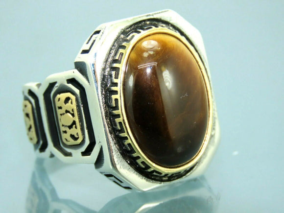 Turkish Handmade Jewelry 925 Sterling Silver Tiger's Eye Stone Mens Rings