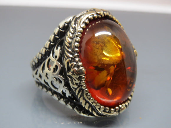 Turkish Handmade Jewelry 925 Sterling Silver Amber Stone Mens Rings