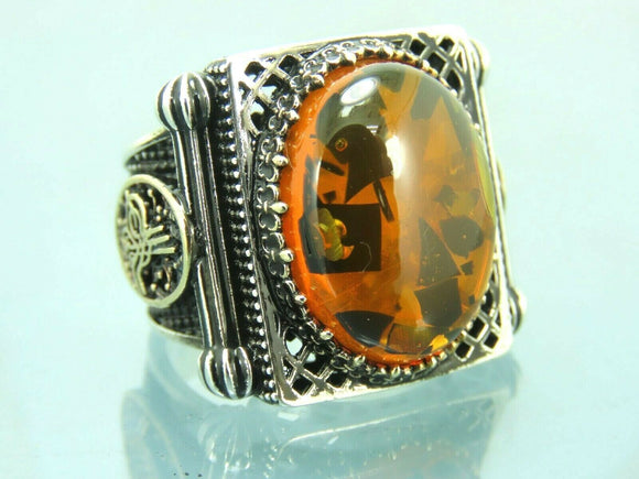 Turkish Handmade Jewelry 925 Sterling Silver Amber Stone Mens Rings