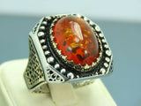 Turkish Handmade Jewelry 925 Sterling Silver Amber Stone Mens Rings