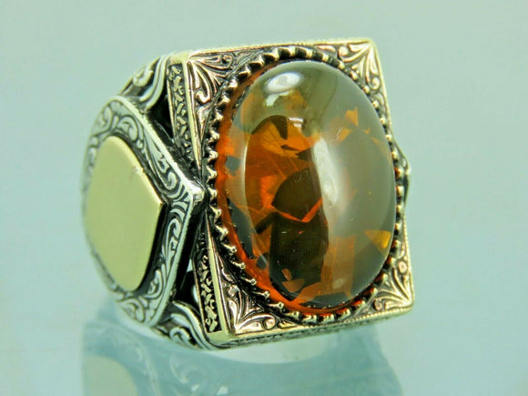 Turkish Handmade Jewelry 925 Sterling Silver Amber Stone Engraved Mens Rings