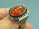 Turkish Handmade Jewelry 925 Sterling Silver Amber Stone Mens Rings