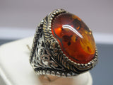 Turkish Handmade Jewelry 925 Sterling Silver Amber Stone Mens Rings