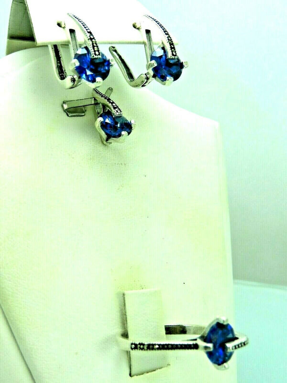 Turkish Handmade Jewelry 925 Sterling Silver Sapphire Stone Women's Earrings, Pendant & Ring Jewelry Set