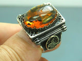 Turkish Handmade Jewelry 925 Sterling Silver Amber Stone Mens Rings