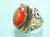 Turkish Handmade Jewelry 925 Sterling Silver Amber Stone Mens Rings