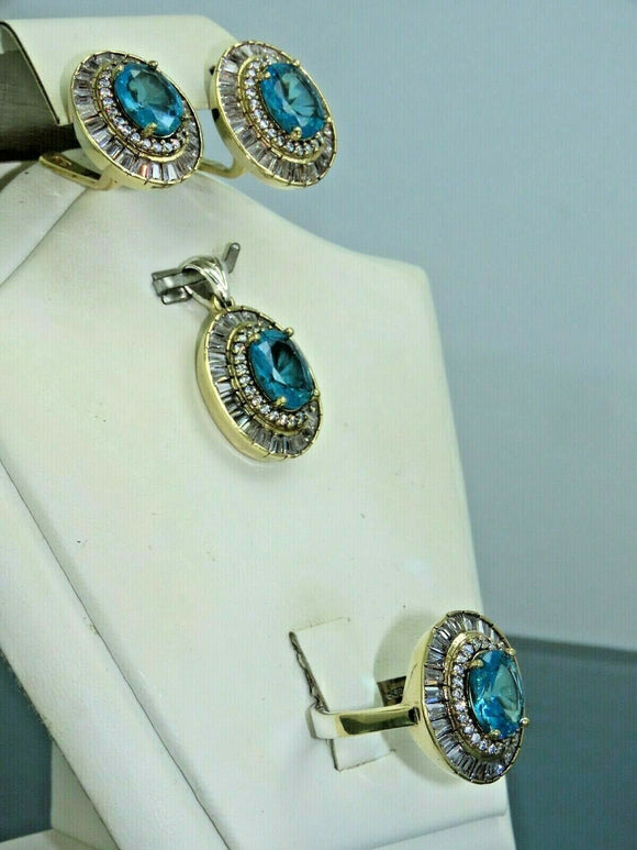Turkish Handmade Jewelry 925 Sterling Silver Aquamarine Stone Women's Earrings, Pendant & Ring Jewelry Set