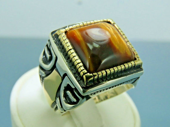 Turkish Handmade Jewelry 925 Sterling Silver Tiger's Eye Stone Mens Rings