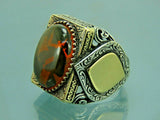 Turkish Handmade Jewelry 925 Sterling Silver Amber Stone Engraved Mens Rings