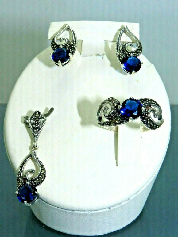 Turkish Handmade Jewelry 925 Sterling Silver Sapphire Stone Women's Earrings, Pendant & Ring Jewelry Set