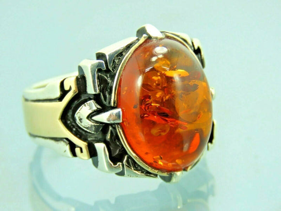 Turkish Handmade Jewelry 925 Sterling Silver Amber Stone Mens Rings