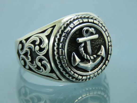 Turkish Handmade Jewelry 925 Sterling Silver Anchor Design Engraved Mens Rings