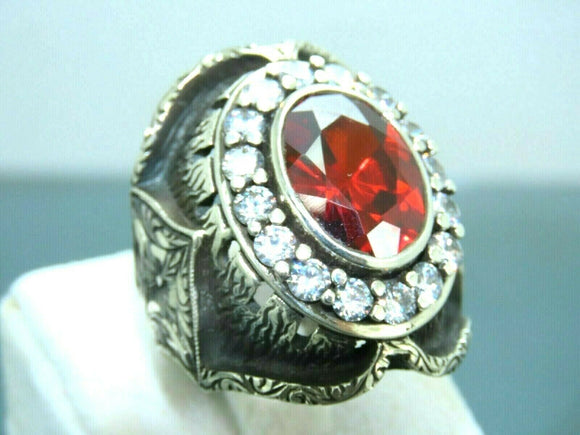 Turkish Handmade Jewelry 925 Sterling Silver Garnet Stone Mens Rings