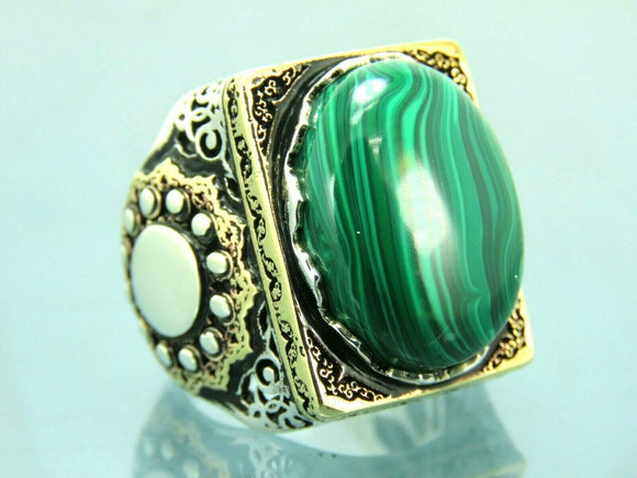 Turkish Handmade Jewelry 925 Sterling Silver Malachite Stone Men's Rings