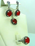 Turkish Handmade Jewelry 925 Sterling Silver Ruby Stone Women's Earrings, Pendant & Ring Jewelry Set