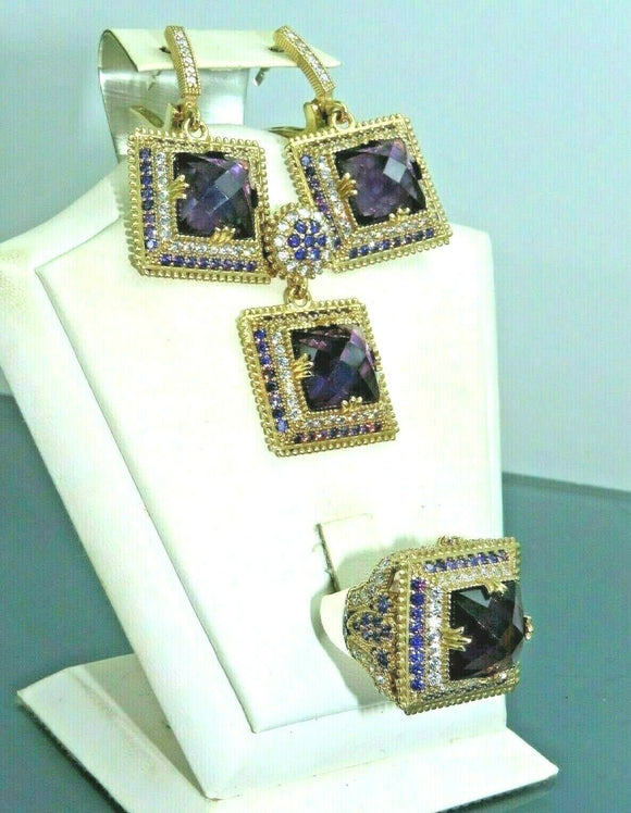 Turkish Handmade Jewelry 925 Sterling Silver Amethyst Stone Women's Earrings, Pendant & Ring Jewelry Set