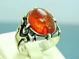 Turkish Handmade Jewelry 925 Sterling Silver Amber Stone Mens Rings