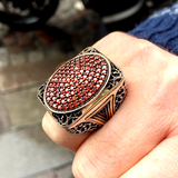 Turkish Handmade Jewelry 925 Sterling Silver Garnet Stone Engraved Mens Rings