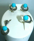 Turkish Handmade Jewelry 925 Sterling Silver Turquoise Stone Women's Earrings, Pendant & Ring Jewelry Set