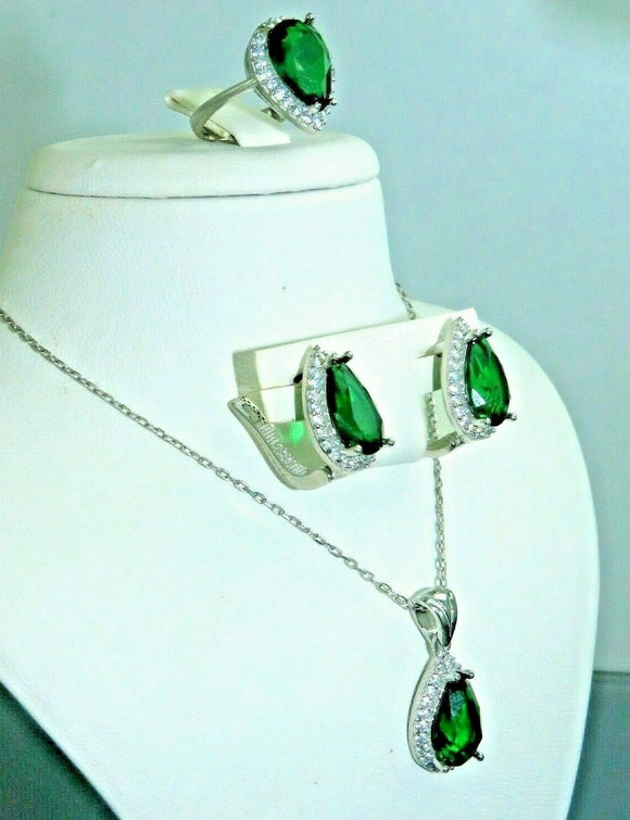 Turkish Handmade Jewelry 925 Sterling Silver Emerald Stone Women Earring Set