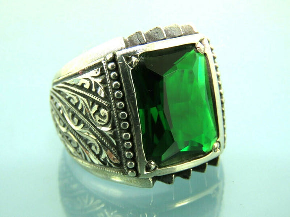 Turkish Handmade Jewelry 925 Sterling Silver Emerald Stone Mens Rings