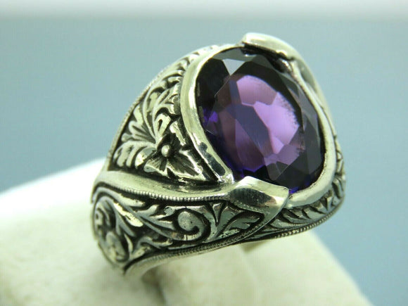 Turkish Handmade Jewelry 925 Sterling Silver Amethyst Stone Engraved Mens Rings