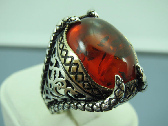 Turkish Handmade Jewelry 925 Sterling Silver Amber Stone Claw Design Mens Rings