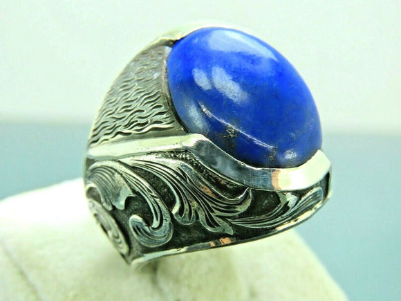 Turkish Handmade Jewelry 925 Sterling Silver Lapis Stone Engraved Mens Rings