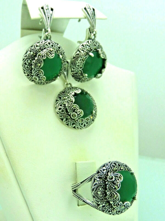 Turkish Handmade Jewelry 925 Sterling Silver Emerald Stone Women's Earrings, Pendant & Ring Jewelry Set