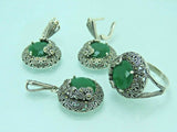Turkish Handmade Jewelry 925 Sterling Silver Emerald Stone Women's Earrings, Pendant & Ring Jewelry Set