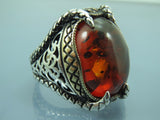 Turkish Handmade Jewelry 925 Sterling Silver Amber Stone Claw Design Mens Rings